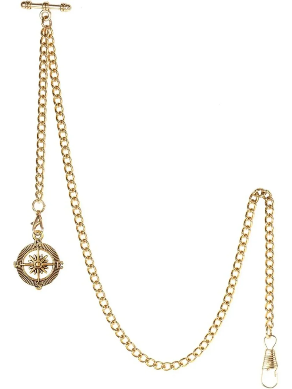 Vintage-Inspired Men's Pocket Watch Chain with Antique Compass Pendant & Hooks